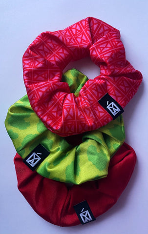 Scrunchies 3 Pack Animal Print Green, Logo Fuchsia & Red