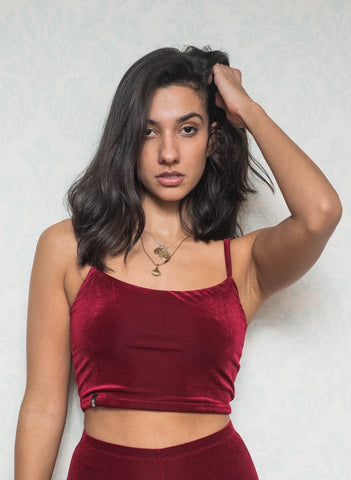 Red Velvet Crop Top with Round Neckline