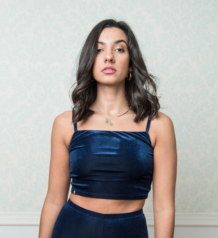 Blue Velvet Crop Top Straight Neckline