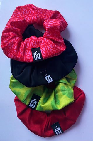 Scrunchies 4 Pack Animal Print Green, Logo Fuchsia, Red & Black